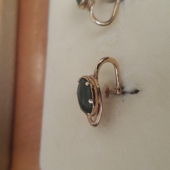 Vintage Amco Jewels Genuine Jade Earring Set 14KT Gold Overlay - Picture 7 of 14